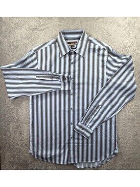 Michael Kors Mens Long Sleeve Button Up Shirt Blue Brown Striped Size M